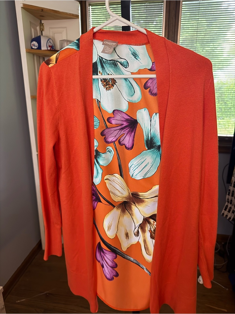 Chico's Orange Open-Front Cardigan with Floral Print Lining